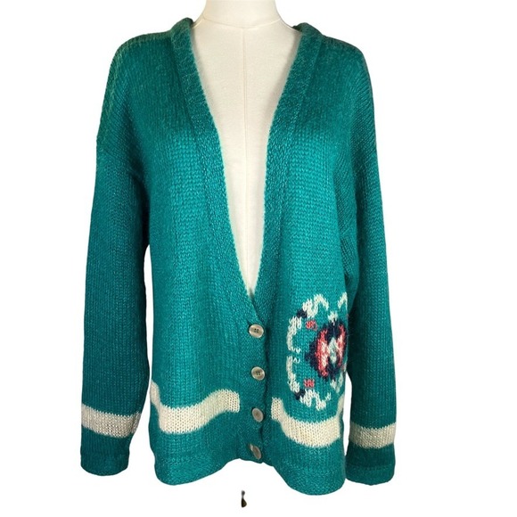 Vintage PASTA Cardigan Sweater Large Mohair Blend Teal Green Floral Knitwear - Picture 1 of 15